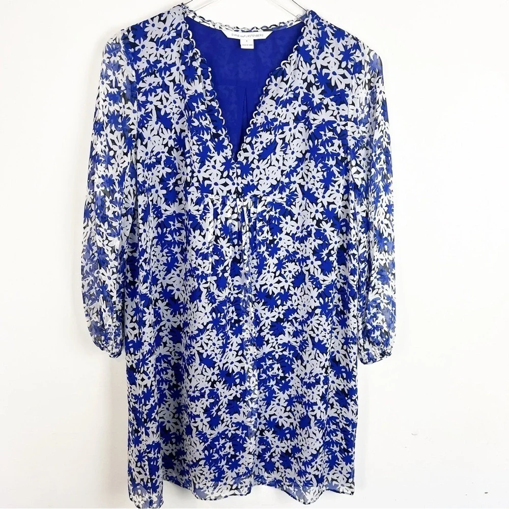 Diane von Furstenberg Aria Printed Silk Tunic Dress Blue Floral size 4 - Picture 2 of 11